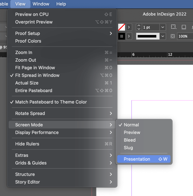 how to view presentation mode in indesign