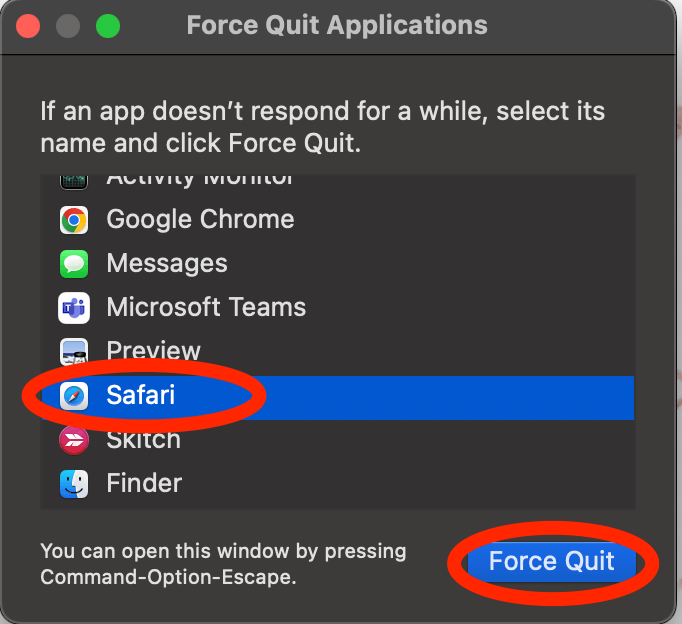 macbook can't quit safari