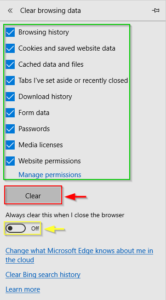 clearing browsing history in windows 10