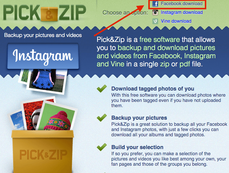 picknzip Facebook Download homepage